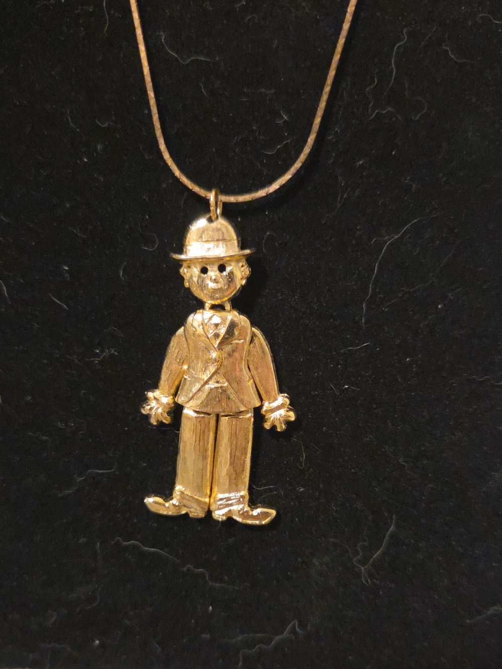 Vintage 1970s Articulated Charlie Chaplin Hobo Tramp Pendant Necklace Gold Tone